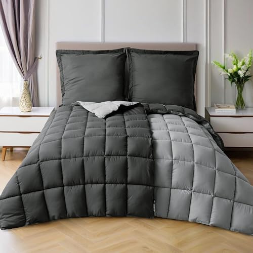HIG 4 pièces 2 Couettes 135x200 cm pour lit 2 Personne – 250GSM Microfibre Douce Réversible avec 2 Taies d'oreiller 80x80 cm – Certifiée Oeko-Tex Couette Matelassée pour Les 4 Saisons(Gris)