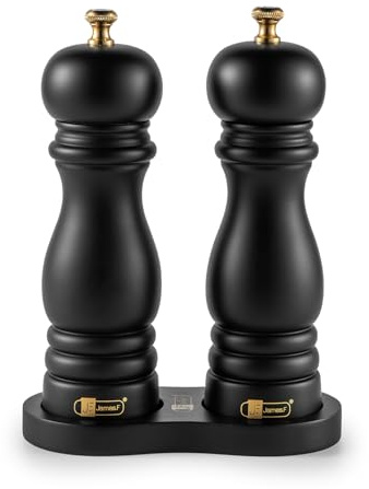 Salz und Pfeffermühle mit Tablett, Akazienholz Holz-Pfeffermühle, 2er-Set Manuelle Salz-Pfefferstreuer-Mühle, Pfeffer und Salzmühle,Keramikmahlwerk, 7 Zoll (Schwarz)