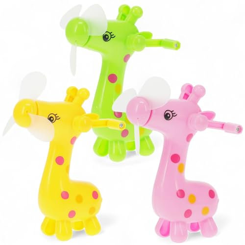 MIJOMA Giraffe Lot de 3 mini ventilateurs manuels avec manivelle, sans batterie, multicolore et maniable, 13 cm, silencieux et sûr, gadget d'été pour les déplacements