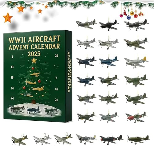 Calendario de Adviento de aviones de la Segunda Guerra Mundial, calendario de cuenta regresiva de Navidad de 24 días con 24 mini pájaros de guerra únicos, regalos sorpresa de cuenta regresiva de