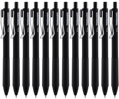 TWOHANDS Gel Pens Black 12 Pack - 0.7mm Fine Point Retractable Pens, Quick Dry No Smear Ink, Super Soft Grip, Smooth Writing for Journaling Drawing Note Taking, 23513