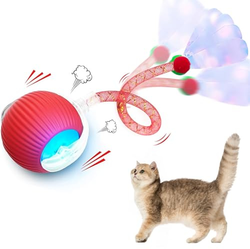 AURIVEE Palla Gatto Automatica Interattiva,Palla Mobile con Coda e Suoni Uccelli, 3 Modalità Gioco, Giocattolo Motorizzato Ricaricabile per Gatti d'Appartamento