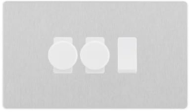 BG Evolve Brushed Steel 3 Gang Switch 2x Trailing Edge LED Dimmer 1x Intermediate Custom Grid