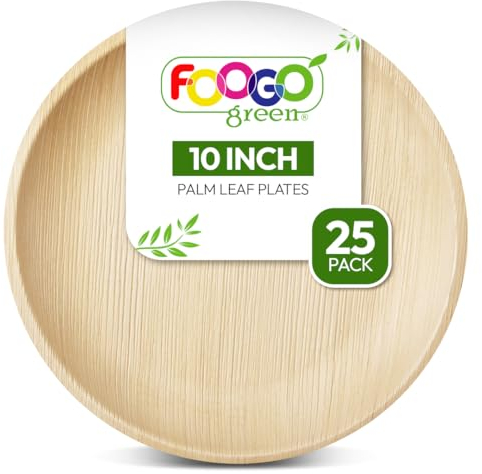 FOOGO Green 25pcs Disposable Palm Leaf Plates, 10(25cm) Large Round, Eco Friendly Biodegradable Compostable Like Wooden, Bamboo, Paper Plates, for Hot Food, Wedding Picnic Parties