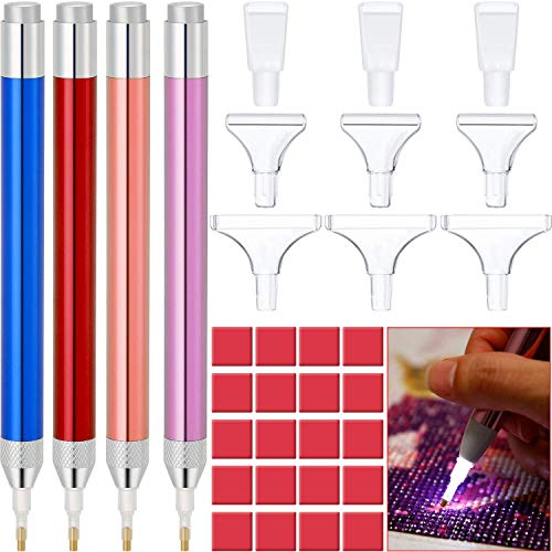 4 Stücke LED , Bohrstift 5D Diamant Malerei Beleuchteter Stift , Zubehör mit 20 Stücke Malerei Kleber Ton, 9 Stücke Stift Köpfe (Rosa, Gold, Blau, Rot)