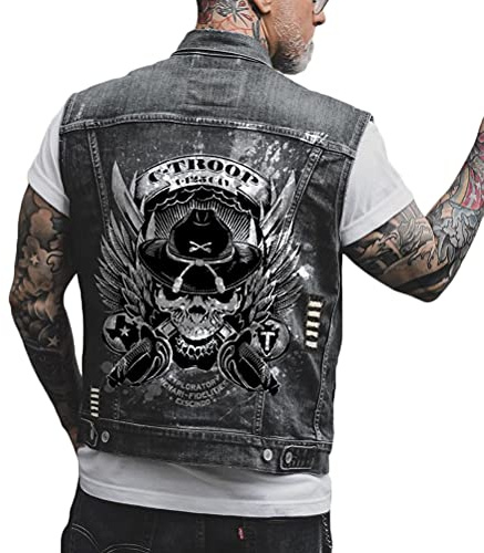 ORANDESIGNE Homme Gilet en Jean Veste Courte Sans Manches en Jean Vintage Délavé Décontractée Manteau Punk Impression de Graffitis Gilet Denim Veste de Moto J Noir M