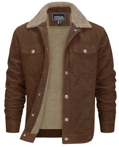 EKLENTSON Corduroy Jacket Men Sherpa Fleece Lining Coat Winter Warm Lapel Western Jacket,Brown,3XL