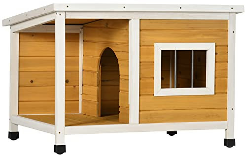 PawHut Caseta para Perros Exterior 85,5x62x60 cm Casa para Perros de Madera con Techo Asfáltico Abatible Puerta y Ventana para Perros Pequeños Natural