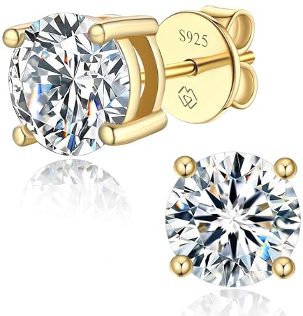 MomentWish Moissanite Ohrstecker Gold 585, 2 Karat/6,5 mm Goldene Ohrringe Damen mit Stein Hypoallergene Echt Silber Geschenk für Frauen Mama-4 Prong