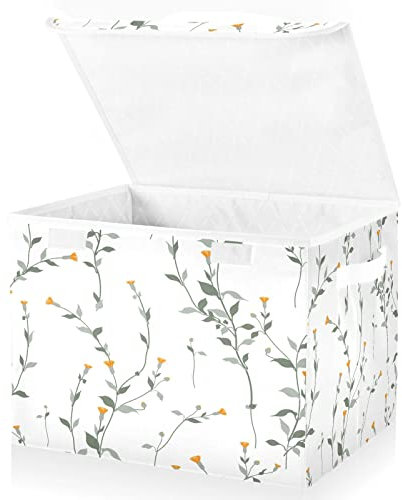 Mnsruu Storage Boxes with Lids, Watercolor Green Leaf Morandi Floral Large Storage Basket Organizer Shelves Cube Bin Toy Clothes Underbed