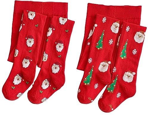 Silkglory Xmas Navideñas Medias Niña,Leotardos Bebe Con Papá Noel y Adornos para árboles de Navidad Pie Completo,2Pcs Leggings de Algodón Suave Medias Cálidas Pantimedias Recién Nacido Rojo 7-9 Años