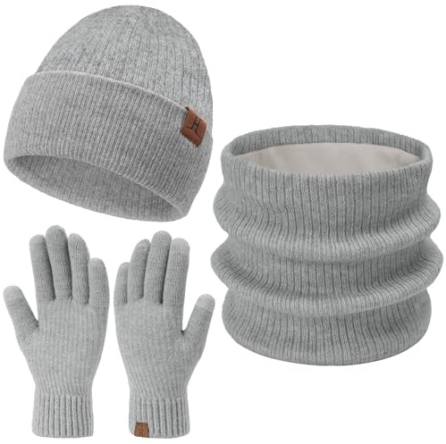 Bequemer Laden Donna Uomo Invernale Termici Cappello Sciarpa Touch Screen Guanti Set con Fodera in Pile, Invernali Berretto in Maglia Scaldacollo Regalo