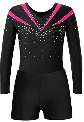 Jugaoge Flicka gym kostym strass gymnastikdräkt långärmad tröja med ben sport yoga fitness träning shorts korta byxor dans kläder set, Het rosa, 122-128