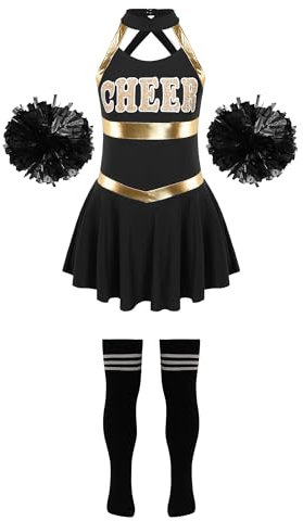 Jowowha Mädchen Cheer Leader Kostüm Cheerleading Uniform Kleid mit Pompoms Socken Halloween Kostüm Karneval Fasching Party Tanzkleid Schwarz&Weiß 110-116