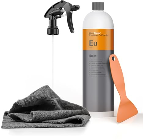 Koch Chemie Eulex Kit de détachant pour résidus de colle 1 l + tête de pulvérisation + chiffon microfibre + grattoir | Élimine les résidus de colle tels que les étiquettes des étiquettes de verre et