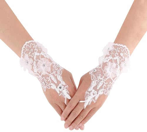 CHIC DIARY Lace Wedding Fingerless Gloves With Rhinestone for Party Halloween - White Tulle, One Size