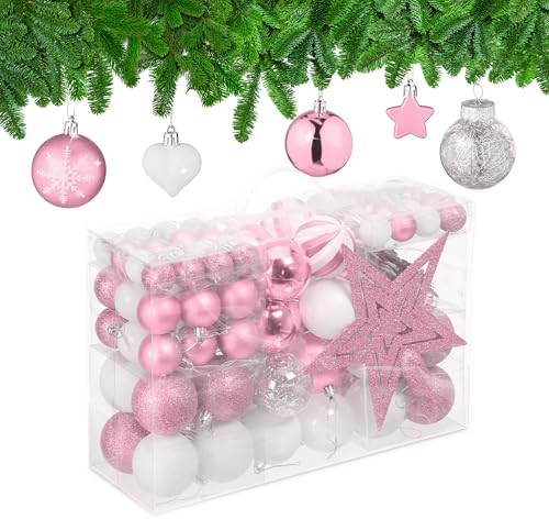 Relaxdays Palline di Natale, Set 101 Addobbi Natalizi in Plastica, Decorazioni per Albero in Vari Design, Puntale, Rosa