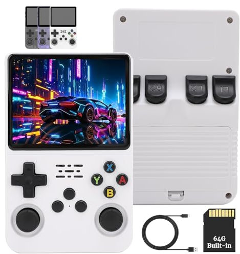 R36S Handheld Spielekonsole, Tragbare Retro Spielekonsolen mit 3,5 Zoll IPS Bildschirm, 3000 mAh Akku, 64 GB/128 GB Speicher, Keine TF Karte Im Lieferumfang Enthalten, Weiß (64G)