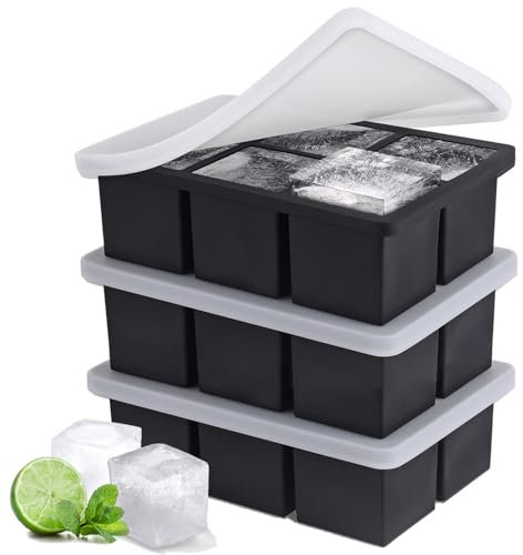 Large Ice Cube Tray with Lid, Silicone Ice Molds BPA Free Square Ice Cube Tray Easy Release Ice Cube Mold Making 2 Inch Big Ice Cubes for Whiskey Cocktails Drinks 【3 Pack】