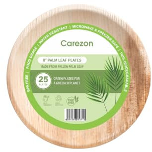 Carezon Areca Palm Leaf Plates Pack of 25x 8 Inch Large Round,Eco-Friendly, Disposable, Microwave & Freezer Safe, Compostable Like Wooden, Bamboo Paper Plates for Hot Food, Wedding Picnic Parties