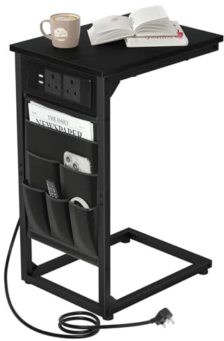 AMHANCIBLE C-Shaped Side Table, Side Table with Charging Station