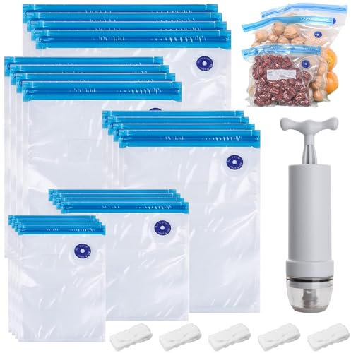 NINGYER 20 Pièces Sac Sous Vide Alimentaire Réutilisable, Avec Pompe Sans BPA Nourriture Mise Sac Sous Vide Alimentaire, pour Cuisson des Légumes/Fruits/Sous-Vide (5 Tailles)