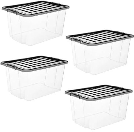 RelianceUK 4 X 30L Plastic Storage Box with Black Lids - Medium Size Durable Storage Boxes | Stackable & Nestable Storage Containers for Home, Garage, Office & School (30 Litre / 4 Pack)
