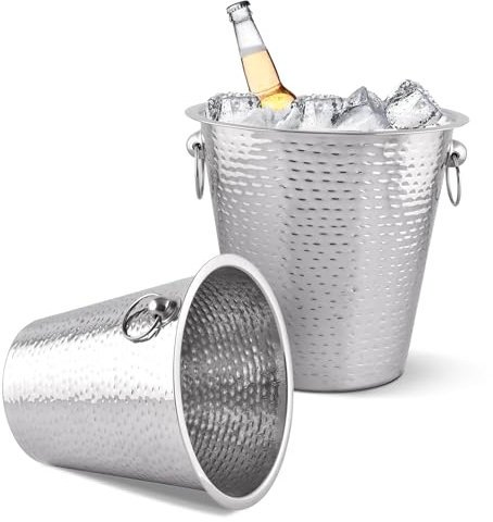 EVOKK 2 Pack Silver Wine Ice Bucket Stainless Hammered Steel Champagne Cooler with Handles Large Metal Ice Bucket for Wine Champagne and Beverages Premium Bar and Party Accessory