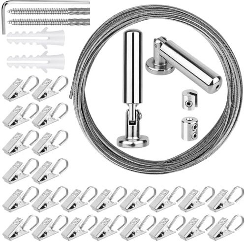 COKWEL 5M Wandhalterung Set, Seilspanngarnitur für die Wand-oder Nischenmontage, Edelstahl Vorhangdraht, Gardine Stahlseil, Mit 24 Metall Clips für Vorhang, Wäscheleine, Spanndraht, Duschvorhänge