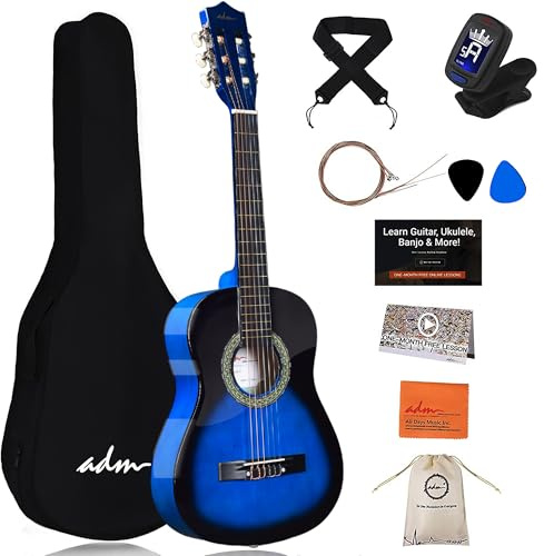 ADM Kit de guitarra clásica para niños de tamaño 3/4, juego de guitarra junior para principiantes a partir de 9 años con bolsa, afinador de clip, correa, púas, cuerdas adicionales, bolsa de