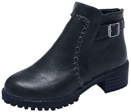Bottines à talon bas pour femme Automne Hiver Loisirs Bottes épaisses Fond Cheville Bottes avec boucle de ceinture Bout rond Bottes en cuir Western Semelle souple Bottes courtes Bottes de moto