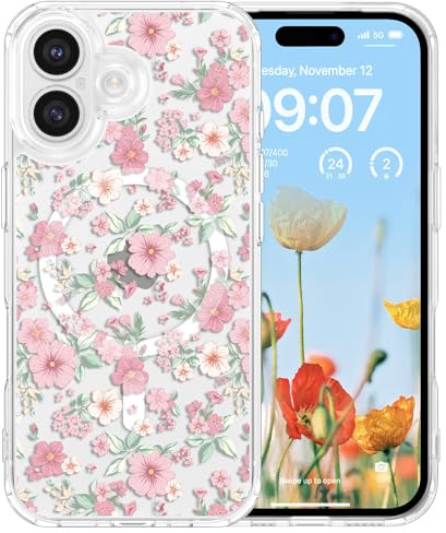 RALEAVO för iPhone 17 magnetiskt fodral söta blommor, rosa | För iPhone 17 kompatibel med MagSafe, starkt magnetiskt fast hård PC klart fodral stötsäkert skyddsfodral