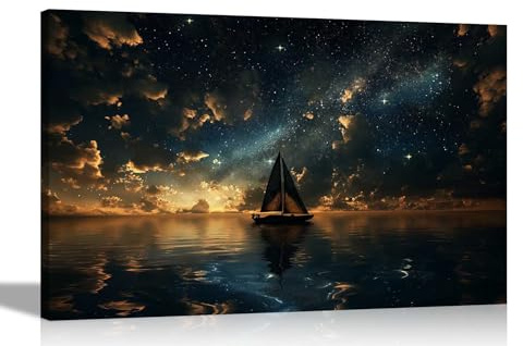 Artley Prints - Starry Night Sail Boat at Sea Canvas Wall Art Pictures for Living Room Conservatory Hallway Home Office PrintsExtra Large 101 x 76cm (40 x 30 inches)