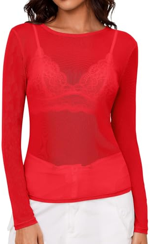 IECCP Femmes Haut en Maille Sexy avec Dentelle Manches Longues Transparent en Mesh pour Femme UK Blouse Légère pour Soirée en Club, Rouge, XL