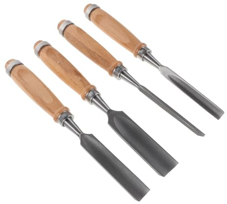 LOPUNER Set di 4 Scalpelli per Intaglio Legno in Acciaio Impugnatura Legno Ergonomica, Lame Semicircolari 6/12/18/24 Mm per Falegnameria, Incisione e Restauro Mobili Professionale