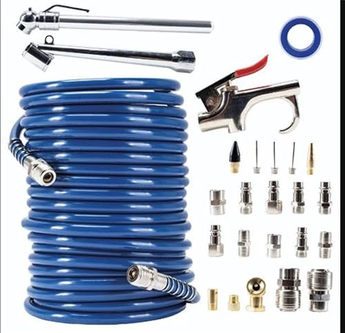 Scheppach Kompressor Zubehörset 25 teilig | Spiralschlauch 7,5m, Reifendruckmesser, Ausblaspistole, Stecknippel, Düsen, Adapter Kompressorzubehör