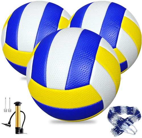 TXONKEXU 3 Pack Soft Touch Volleyballs Official Size 5, Indoor Outdoor Beach Gym Training Game Balls for Beginners & Adults with Pump, Needle & Mesh Bag (Blue)