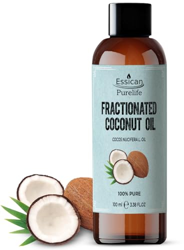 Essican Purelife Olio di Cocco Liquido Puro 100ml, Olio di Cocco Frazionato MCT per Pelle, Capelli e Labbra, Vettore per Oli Essenziali e Massaggi, Favorisce la Crescita dei Capelli e Pelle Idratata