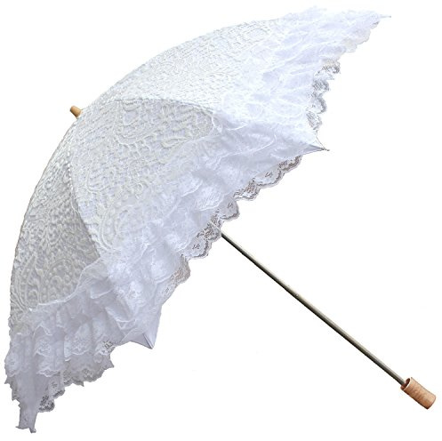 Honeystore Vintage Sun Umbrella 2 Folding Bridal Wedding Lace Parasol Decoration White with Vinyl