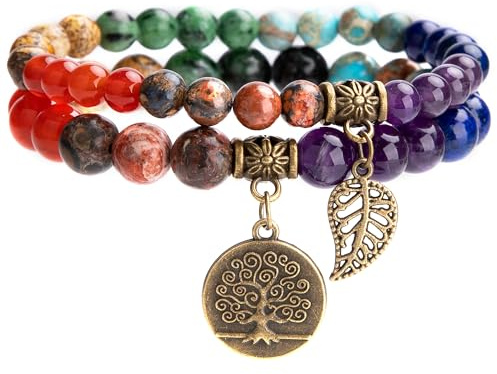 Bivei Beaded Bracelets Tree of Life and Leaf Charm Yoga Meditatoin Healing Crystal Chakras Bracelets Natural Semi Precious Gemstone Beads Stretch Bracelet for Women Anxiety Energy Relief(7 Chakra)