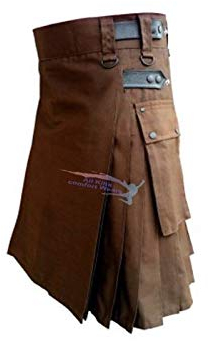 Tartan Utility Kilts för män Tartan Kilt med läderremmar och stora lastfickor (brun, XL)