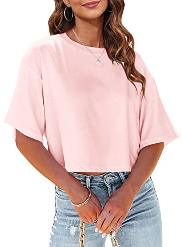 Tankaneo Women Half Sleeve Cropped T-Shirts Drop Shoulder Round Neck Crop Tops Casual Summer Solid Color Basic Tees