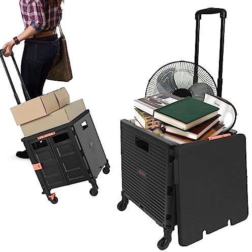 LexonElec Chariot de Courses Pliable en Plastique, Noir, 50 kg, Panier de Courses avec Couvercle, Poignée Coulissante, Roues Silencieuses Universelles 8, Noir