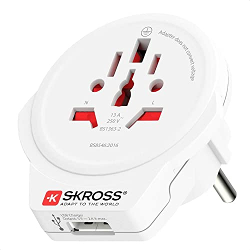 SKROSS | 1.500266 | Adattatore da Viaggio World to Europe (Shuko) con Presa USB 1.0 da 5.0 V DC/Max. 2.4 A - Potenza e Tensione 100V – 1600W / 250V – 4000W