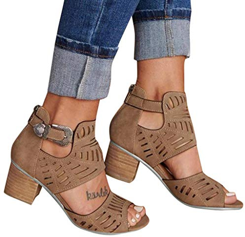 IQYU Sandalias para mujer, irregulares, con tacón medio, para verano, para el tiempo libre, con hebilla, sandalias romanas, antideslizantes, para fiestas, marrón, 41