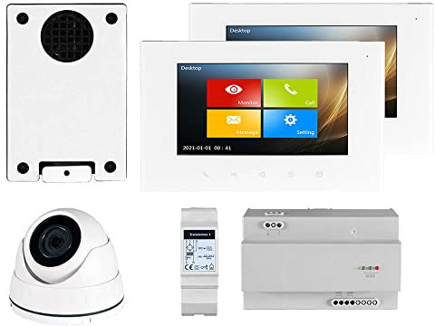 Voxura Domo Gegensprechanlage Türsprechanlage 2-Familien Set Unterputz UP Einbaulautsprecher Externe Farb-Domkamera Video-Innenstation Netzgerät