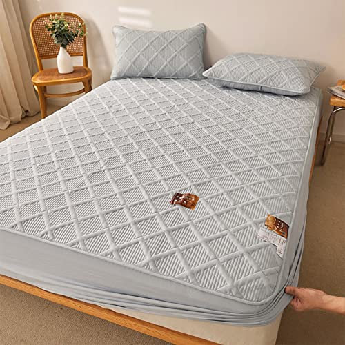 YUDEYU Gesteppte Schicht Spannbettuch Roher Baumwollstoff Tagesdecke Matratzenschoner Enthält pflanzliche Ballaststoffe gut zum schlafen Spann bettlaken Lakens(Light Grey,140x200 cm+30cm)