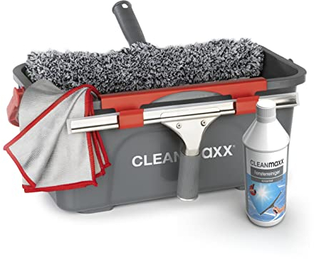 CLEANmaxx Fensterreiniger 7er Set | Einfaches & effektives Putzen | Fensterputzer Komplett-Set mit Eimer, Abzieher, Wischer, Mikrofasertuch & Konzentrat | Ideal geeignet für Haus, Auto & Camper [Grau]