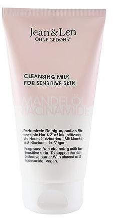 Jean & Len Parfumfreie Reinigungsmilch Mandelöl & Niacinamide, besonders milde Reinigung, für sensible Haut, entfernt Make-up Rückstände & Schmutzpartikel, ohne Parabene & Silikone, vegan, 150 ml