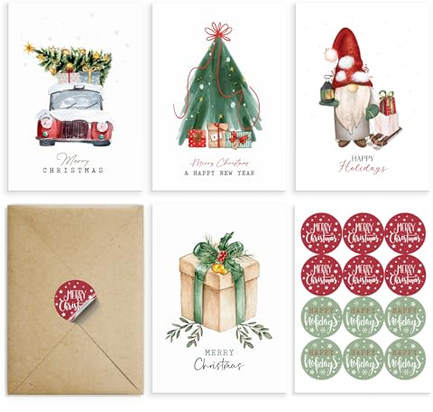 Paper Play Merry Christmas Cards Boxed with Envelopes Set of 20 Cards - Woodlands Watercolor Designs on Heavy Duty Card Stock - 5x7 Inches Blank Inside with Matching Stickers